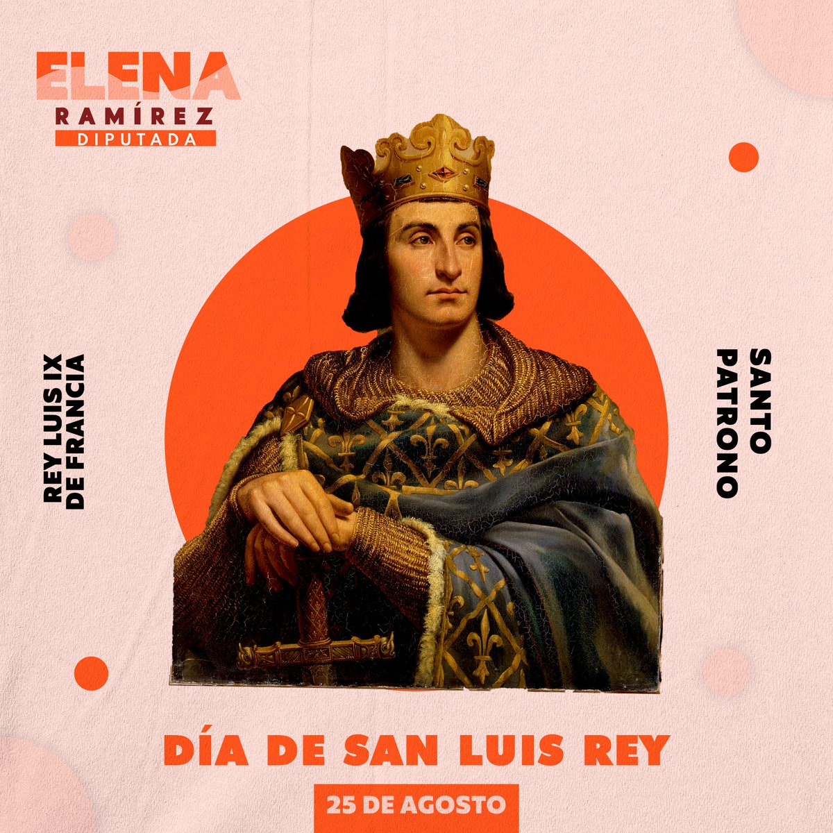 ElenaRamirezSLP's tweet photo. San Luis Potosí Celebra a su historia📕🟠

👑🟠 En este día significativo, recordamos con respeto a #SanLuisReyDeFrancia, distinguido Santo Patrono de nuestra amada ciudad, cuyo nombre representa con honor el lugar que habitan las y los Potosinos. https://t.co/v6RYkoFbLV