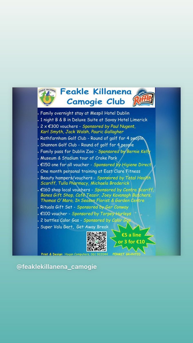 FeaKillcc's tweet photo. Feakle Killanena Camogie are running a monster Raffle over the coming weeks with lots of fantastic prizes. Thanks to all of our sponsors for their support. Tickets can be purchased from our players or on line at https://t.co/tB8Jfl9fIt. 
Thanks as always for your valued support. https://t.co/o2zxNsUHai