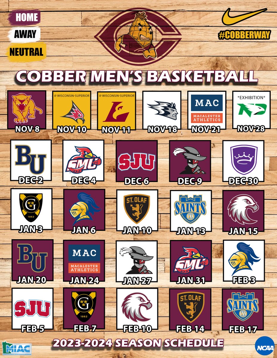 Cobber Basketball (@cobberhoops) on Twitter photo '23-'24 Schedule 🌽🏀⬇️
#CobberWay '23-'24 Schedule 🌽🏀⬇️
#CobberWay