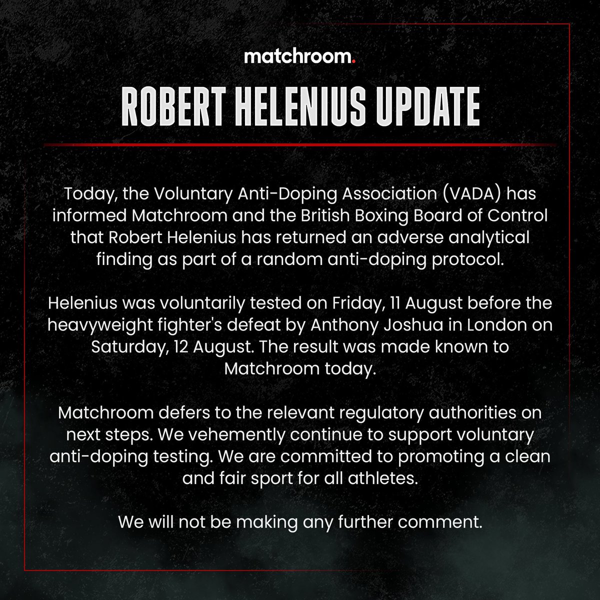 IFLTV's tweet photo. BREAKING NEWS 🚨
Robert Helenius returned “an adverse analytical finding” after a VADA test which was conducted the day before his fight against Anthony Joshua earlier this month ‼️
#BoxingNews | #RobertHelenius | #JoshuaHelenius https://t.co/5UWAODNop7