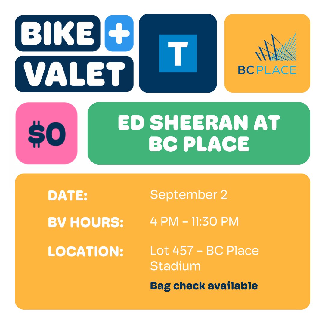 Skip the post-concert train rush and come see Ed Sheeran <a href="/bcplace/">BC Place</a>  on bike! We are offering our free Bike Valet service so you can enjoy the show and stay for the encore. Park your ride and drop off any other items at bag check with us for a smooth concert experience 🎶