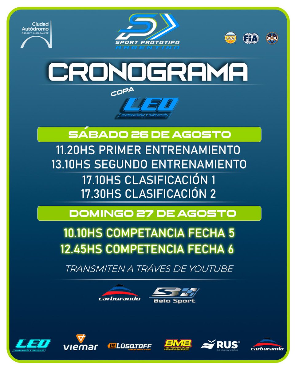 sportprototipo's tweet photo. 🗓Cronograma oficial de la copa @autopartesleosrl
🏆FECHA Doble
📍Fecha 5 y 6 : @autodromo.oscaryjuangalvez
🎫🎫
-Estacionamiento en Boxes $4000
-Estacionamiento del lado de plateas $2000
-Entradas $3000
-Menores de 12 no pagan
-Discapacitados con un acompañante no pagan https://t.co/DVtH2Vw0M7
