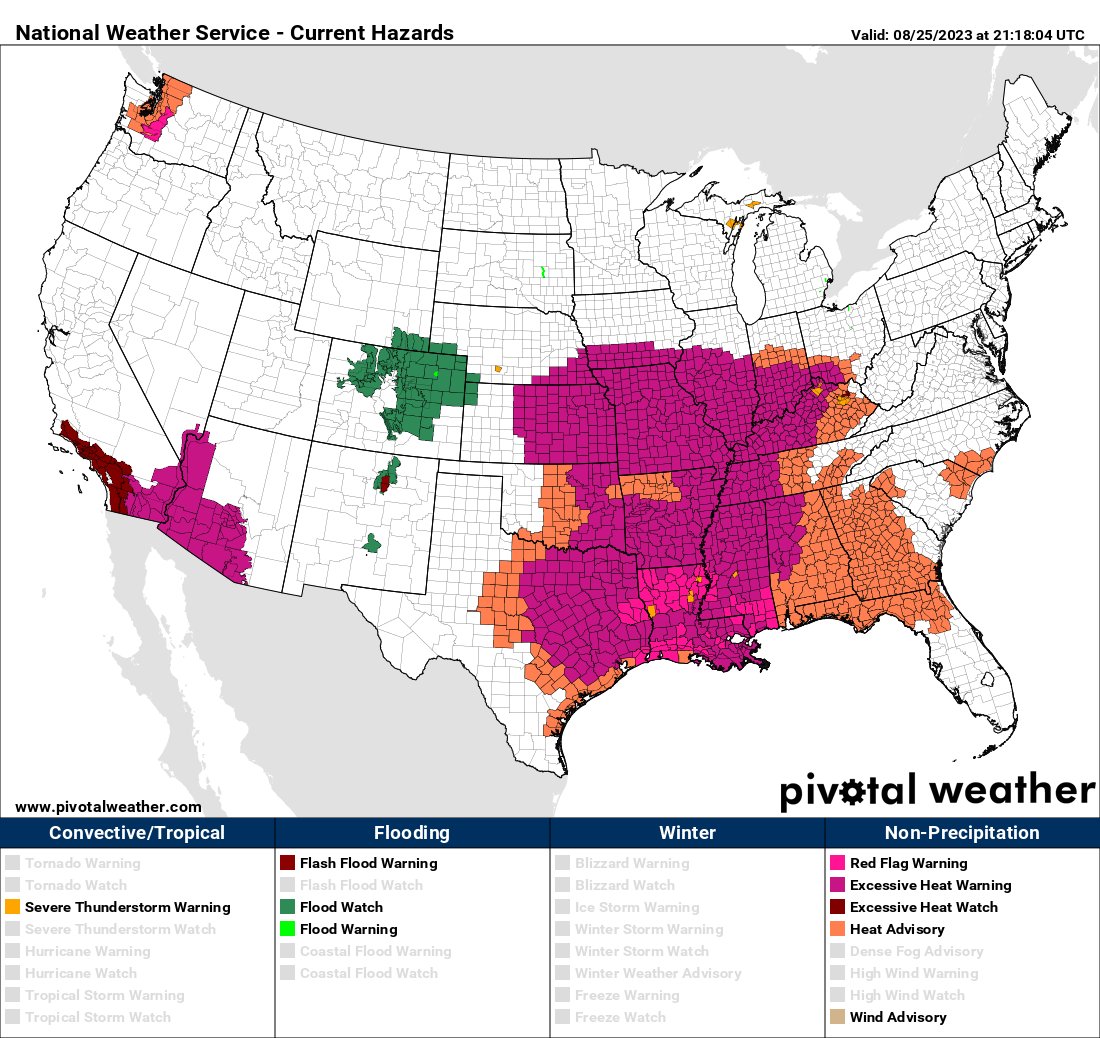 climateguyw's tweet photo. On FRI 8/25/23 historic #HeatwaveConoco fell back to my CAT4 level since a front was beginning to trim heat out of the Midwest. The #heatwave will remain very intense over the South through SUN.
@MichaelEMann @KHayhoe @KBMcLeodFLA
@olliemilman
My criteria: https://t.co/VGZsiRMZcD https://t.co/12Ejk3FIE1