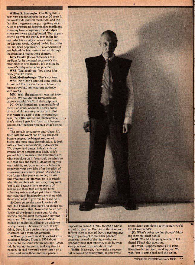ttexed's tweet photo. Devo Meets William S. Burroughs in TROUSER PRESS February 1982 (via Riccardo Brunaccioli)
#trouserpress #devo #williamsburroughs #punklit https://t.co/Z6PC5Vp8Hl