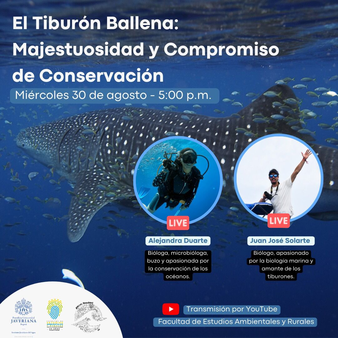 PUJSostenible's tweet photo. Este miércoles 30 de agosto te esperamos en la transmisión en vivo por el canal de YouTube de @earJaveriana Hablaremos del tiburón ballena junto con Alejandra Duarte, bióloga, microbióloga y buzo y Juan José Solarte, biólogo apasionado por la biología marina. https://t.co/ZuE8jvMXma