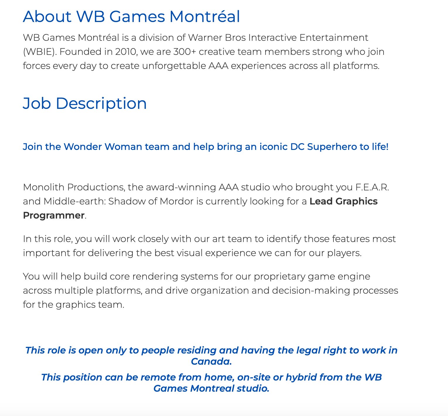 James Sigfield on X: Production on the Wonder Woman game is ramping up, as  WB Montreal has posted several new job listings for their support on  Monolith's new project. They are the