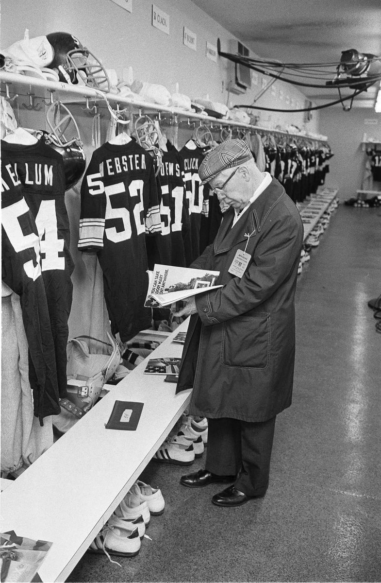 January 18, 1976. Art Rooney Sr. 'The Chief' looks at a SB X program in the Steelers locker room at the Orange Bowl in Miami, Florida before the game. The Steelers beat the Cowboys 21-17 that day to win their second consecutive SB.