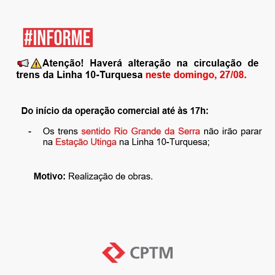 CPTM_oficial's tweet photo. #InformeCPTM - A CPTM terá alteração na circulação de trens da Linha 10-Turquesa neste domingo (27).
https://t.co/RH7ryOTta1 https://t.co/W4sTyLanAg