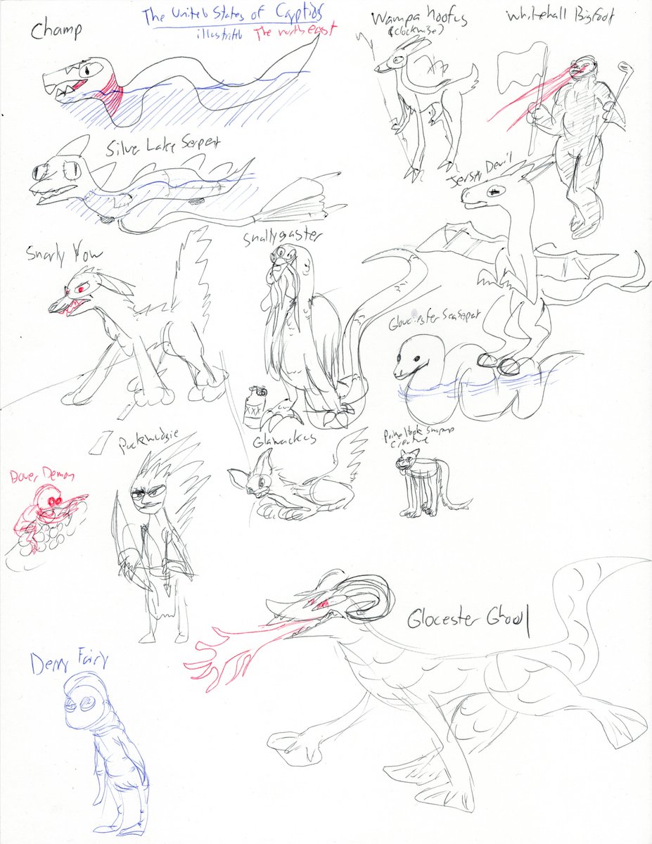 k0bold3D's tweet photo. I got @JWOcker 's cryptid book from the library and sketched out most of them as I read through. Fun to read about all the different critters to get design ideas! https://t.co/ctem9eXXKN