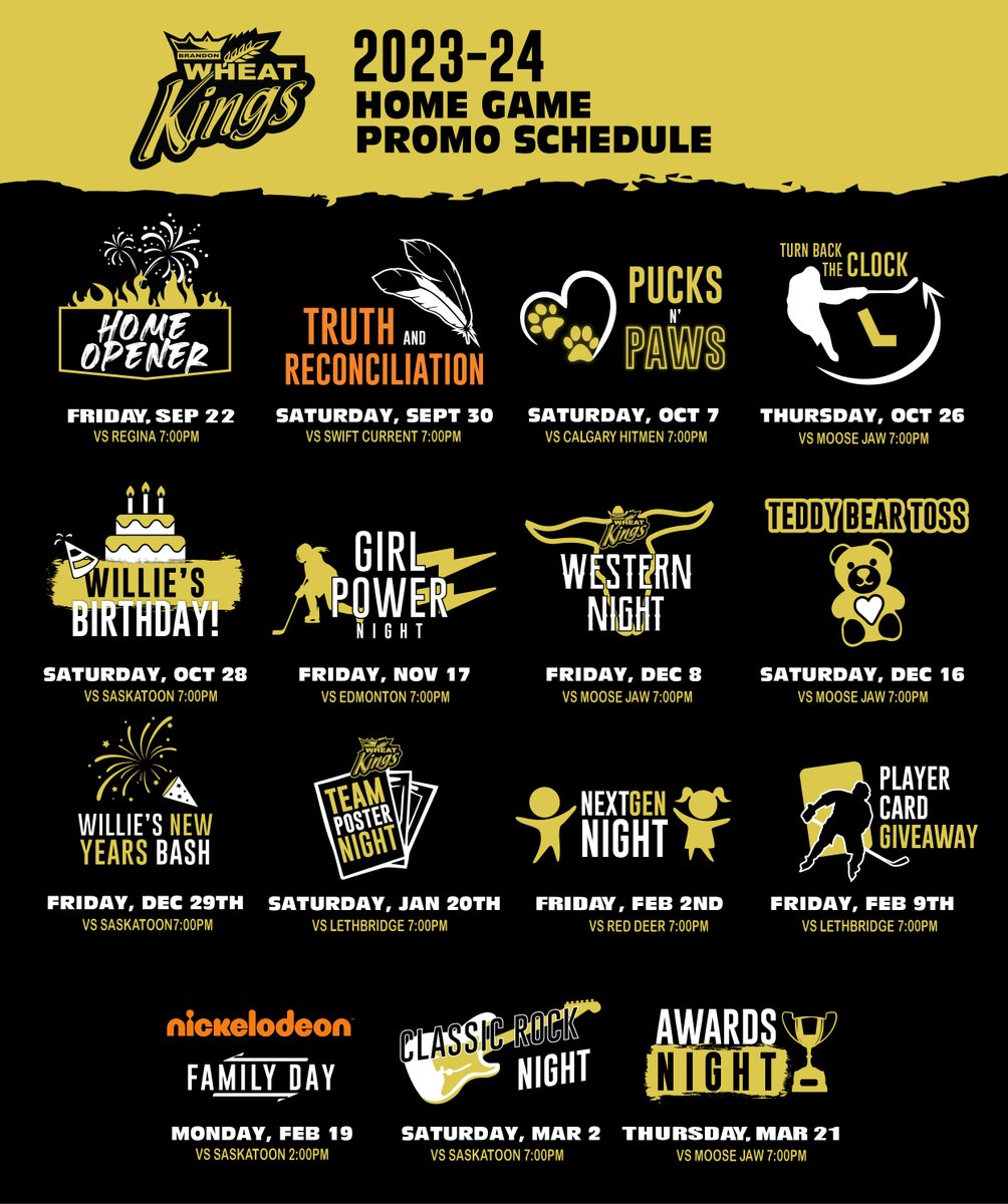 Hey #BWK fans, your winter just got booked! 🗓️

From classic fan favourites, to new exciting events, here's a sneak peak at some of our promo's schedule for the upcoming season. 

📋DETAILS | chl.ca/whl-wheatkings…