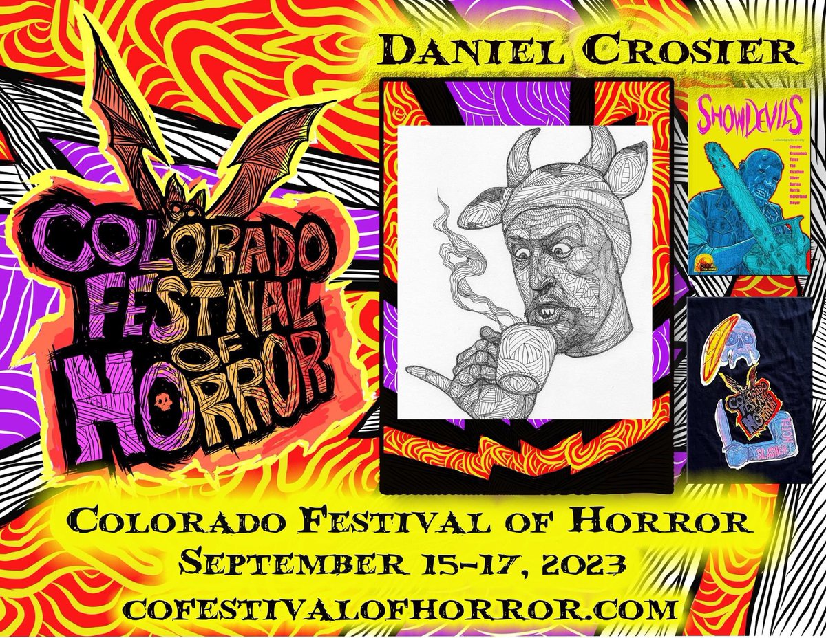 cofestofhorror's tweet photo. 🚨 COFOH BADGE ARTIST ANNOUNCEMENT 🚨
We are thrilled to announce #COFOH Badge & T-Shirt Artist Daniel Crosier! His wacky, eerie line art graces our collectible VIP Weekend badges as well as this year's show T-shirts! https://t.co/haTwoKHNER