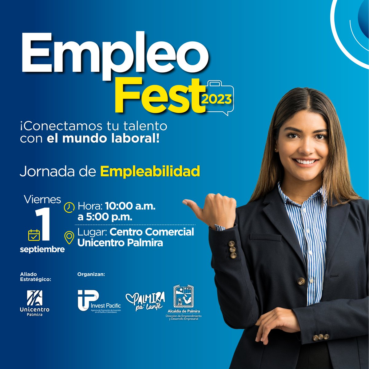 🗓 Este 1 de septiembre junto a <a href="/AlcaldiaPalmira/">Alcaldía de Palmira</a> te invitamos a participar en #EmpleoFest en <a href="/UnicentroPal/">Unicentro Palmira</a>, un espacio para conectarte con oportunidades laborales para los habitantes de #Palmira, incluso con empleos remotos que te pueden interesar ➡ ttps://tinyurl.com/2d5ylott