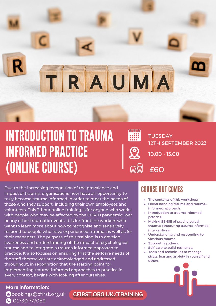 CFWinchester's tweet photo. Introduction to trauma informed practice

This 3-hour online training is for anyone who works with people who may be affected by the COVID pandemic, war or any other traumatic events.

https://t.co/G1WIgRK26Z https://t.co/3WD6Q28T6u