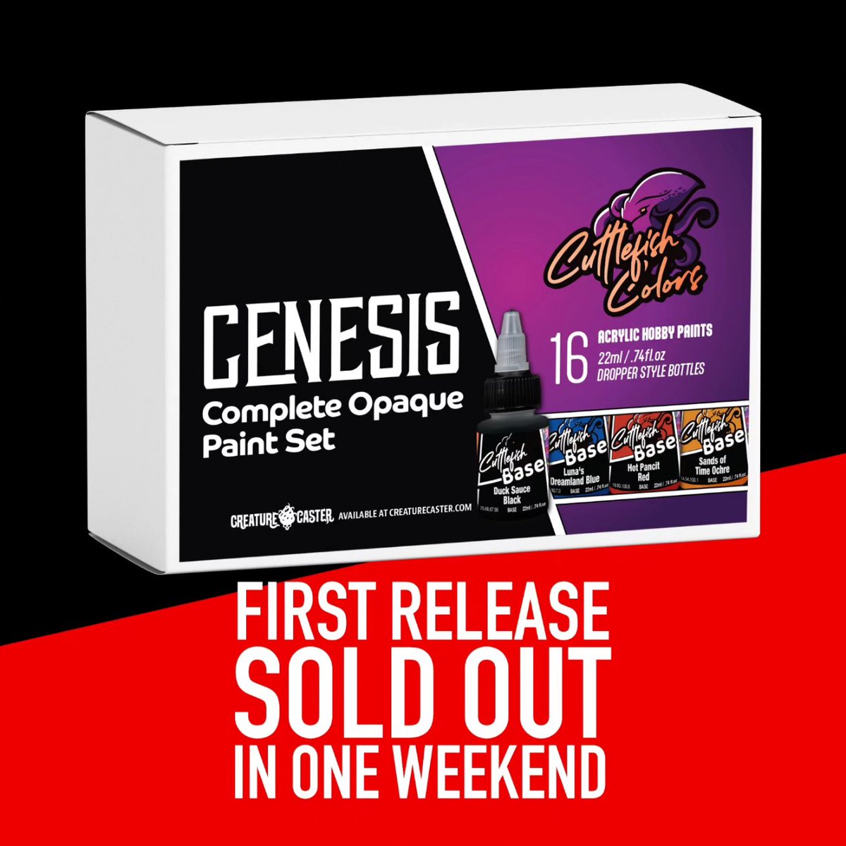 Genesis Preorder is over and has begun shipping. ONLY 20 SETS LEFT from this batch, so make sure to grab yours now!

These base paints are the first step to your perfect Sketch &amp; Glaze technique.

us.creaturecaster.com/products/genes…

#cuttlefishcolors #creaturecaster #miniaturepainting