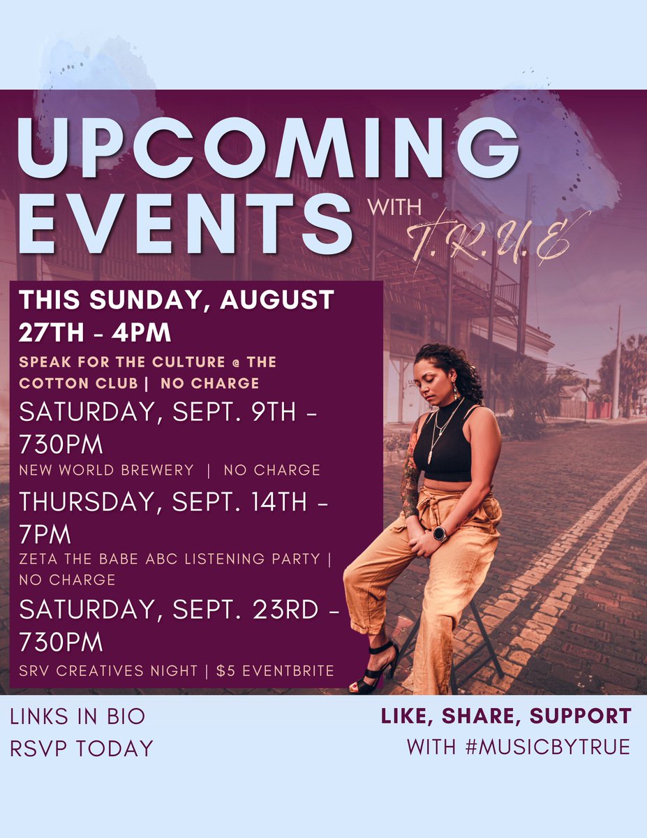 MusicbyTrue's tweet photo. The next few weeks are PACKED! Come out and support your girl T.R.U.E over the next month starting THIS SUNDAY at the Cotton Club Tampa #musicbytrue #totalrawunfilteredexpression #singersongwriter #pianist #localartist #tampalocal #arts #music #poetry https://t.co/0Ox9YwVs8z