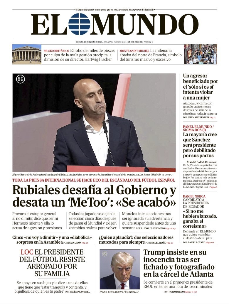 George Mann on X: El Mundo: Rubiales defies the Government and unleashes  'me too' :<<it's over>> #TomorrowsPapersToday  / X