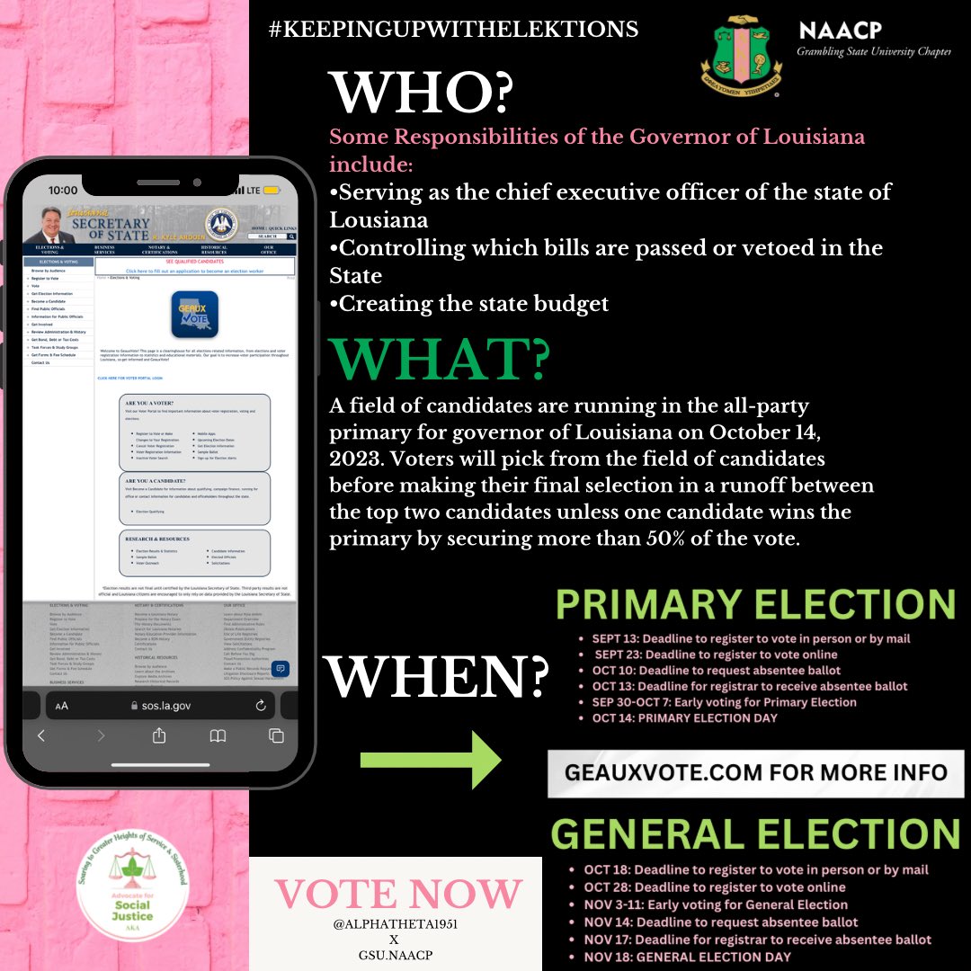 In preparation for Louisiana’s upcoming elections, the Alpha Theta Chapter and the GSU Chapter of the NAACP would like to keep you informed on what’s on the ballot! As early voting begins September 30th, we encourage you to check your voter registration status and #GeauxVote !