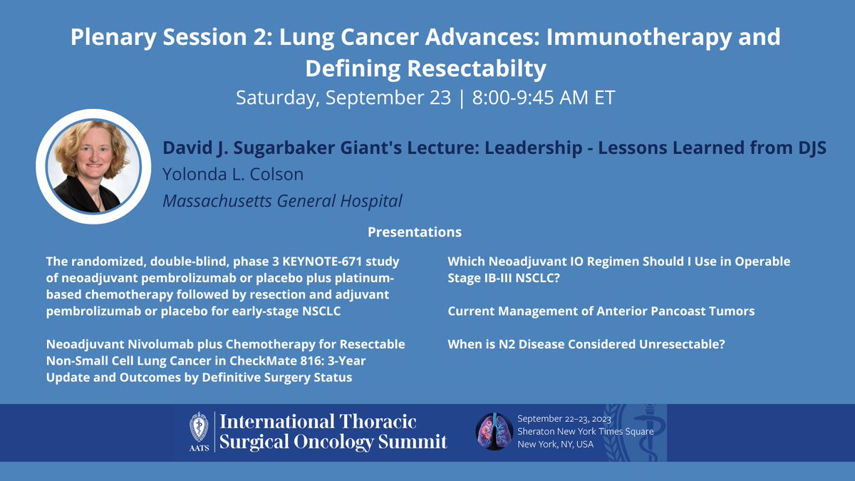 AATS (@aatshq) on Twitter photo The #ITSOS2023 program includes a plenary session on advances in lung cancer through #immunotherapy and defining #resectabilty. Register today and don't miss the Giant's Lecture from <a href="/MGHSurgery/">Mass General Surgery</a>'s <a href="/DrYolondaColson/">Yolonda L. Colson MD, PhD</a>: events.aats.org/itsos23/regist… #LCSM The #ITSOS2023 program includes a plenary session on advances in lung cancer through #immunotherapy and defining #resectabilty. Register today and don't miss the Giant's Lecture from <a href="/MGHSurgery/">Mass General Surgery</a>'s <a href="/DrYolondaColson/">Yolonda L. Colson MD, PhD</a>: events.aats.org/itsos23/regist… #LCSM