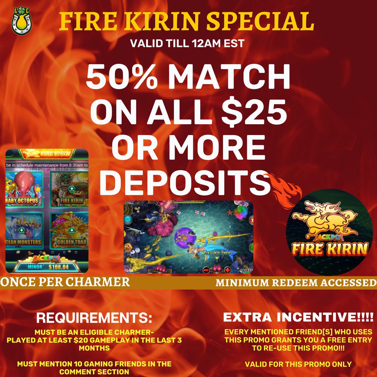 Snapsh0tSn1per's tweet image. Calling all FIRE KIRIN LOVERS
We have an amazing promo for you! This is valid until 12AM EST. Don’t miss it! 
#promo #firekiringames #firekirinonline #deposit #promotions #bonus