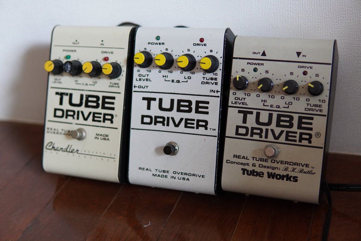 sukutakafumi's tweet photo. おはようございます😃

 Tube Driver 

全て個体差レベルでない違う音がします

chandlerがクリーミーで滑らかな音がしてハイゲインです

真ん中は超初期のものらしいですが、良質クランチ、歪深くすればFuzzみたいになります

 この中で比べるとTube Worksはチリチリなイメージ
#tubedriver
#bkbutler https://t.co/gI09Azzu3p