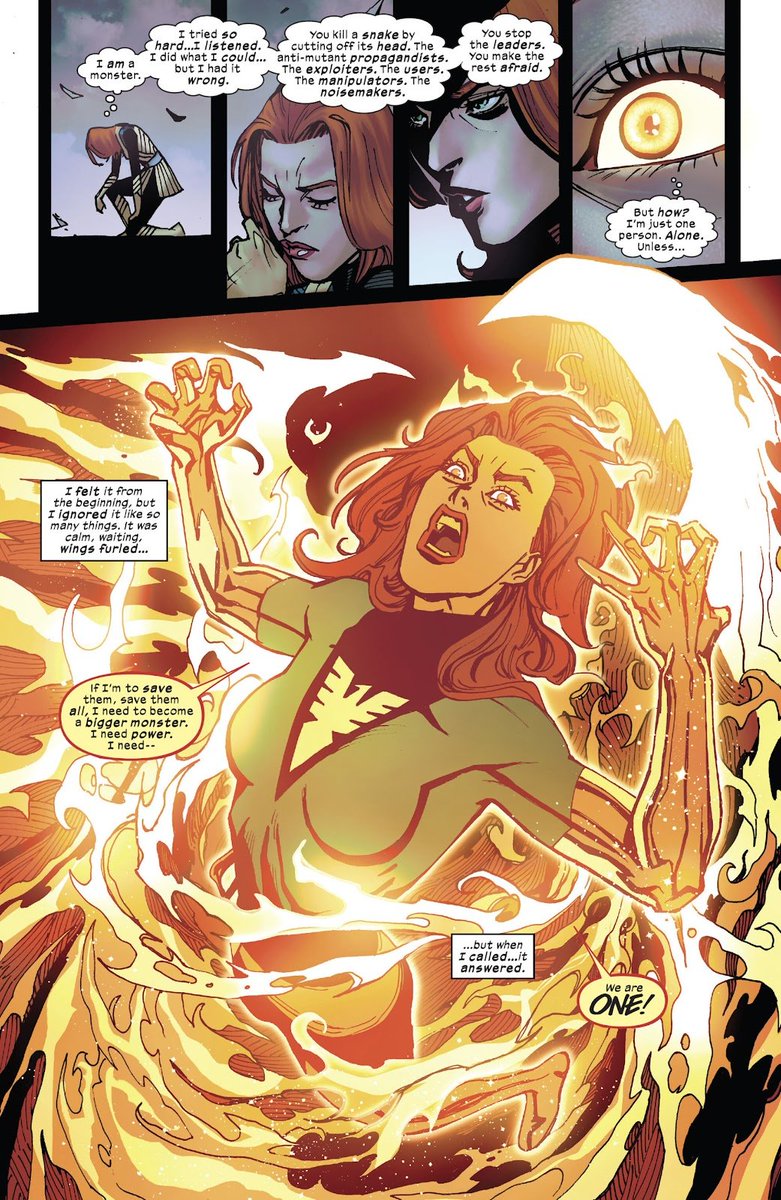 DANYSPHOENlX's tweet photo. Despite the fact that Jean essentially goes full villain by the end of the Issue 1 as Phoenix, she is not ONCE refered to as Dark Phoenix and her suit NEVER turns red.

This to me feels intentional and FANTASTIC, and I think this is part of a bigger picture - a thread

#XSpoilers https://t.co/CDIsiymF9p