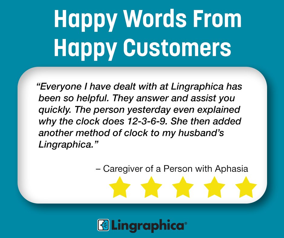 Lingraphica's tweet image. It&apos;s Fri-yay! Happy words from happy caregivers make our day. Check out what this caregiver had to say about her experience working with our team. ⭐⭐⭐⭐⭐

#AphasiaTherapy #AphasiaRecovery #CustomerService #CustomerSupport