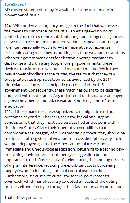 idontexistTore's tweet photo. My statement today in an election suit - the same one I made in November 2020.
We should have used Occam's razor in the first place. This is the simple route and has least resistance omitting the mass education to the populace of how these things work. Hopefully the judge will let the plaintiffs subpoena @wikileaks #Assange