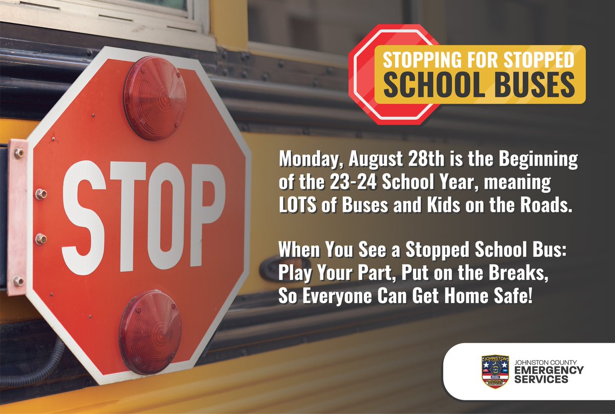 JoCoEmerServ's tweet photo. Tomorrow is the beginning of the 2023-2024 school year. Which means LOTS of buses and kids on the roads.
When you see a stopped school bus, play your part, put on the brakes, so everyone can get home safe.
#JoCoReady https://t.co/LC03Oim5qP