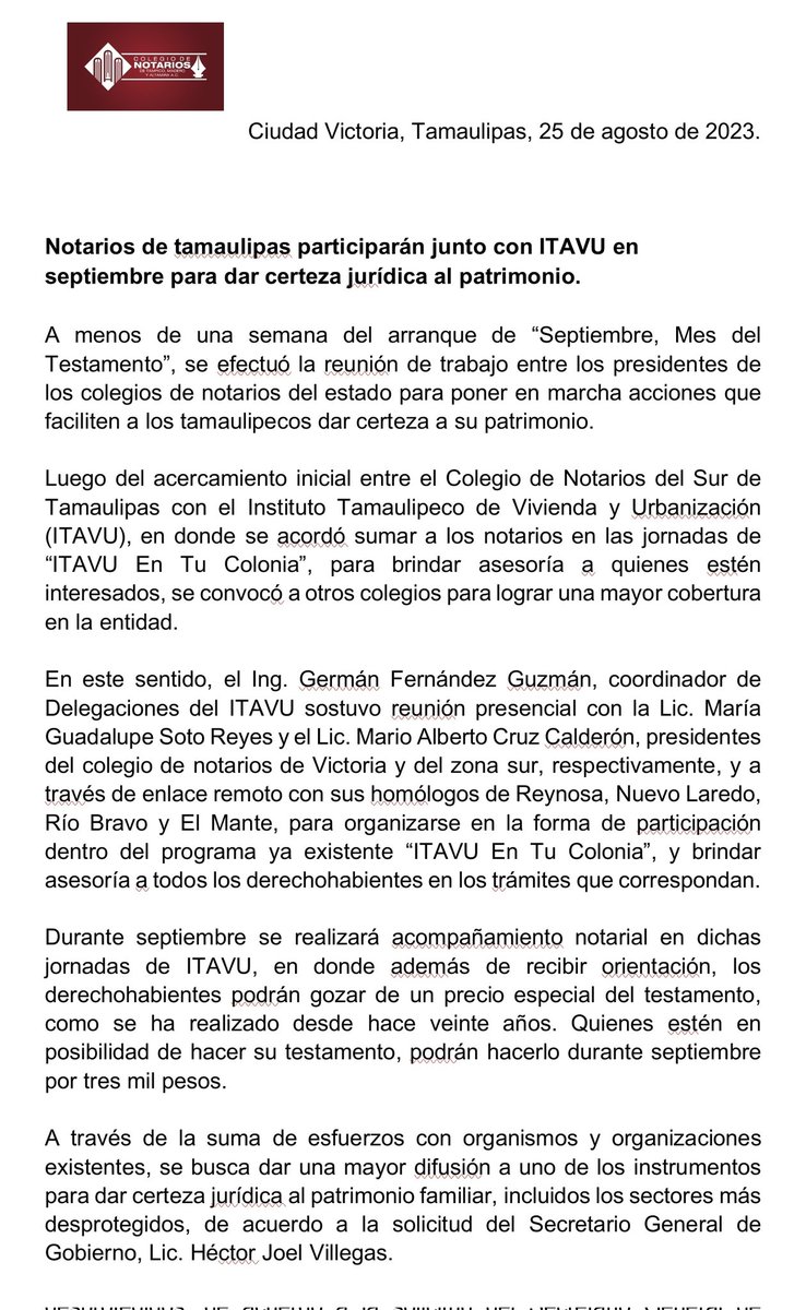 mariocancino01's tweet photo. #Notarios de #Tamaulipas participarán en #Septiembre junto con @ItavuTamaulipas para dar certeza jurídica al patrimonio.

@NotariosTampico #Tampico #CdMadero #Altamira #CdVictoria #Mante #RioBravo #NuevoLaredo #Matamoros #Reynosa https://t.co/yAAmqlYpNK