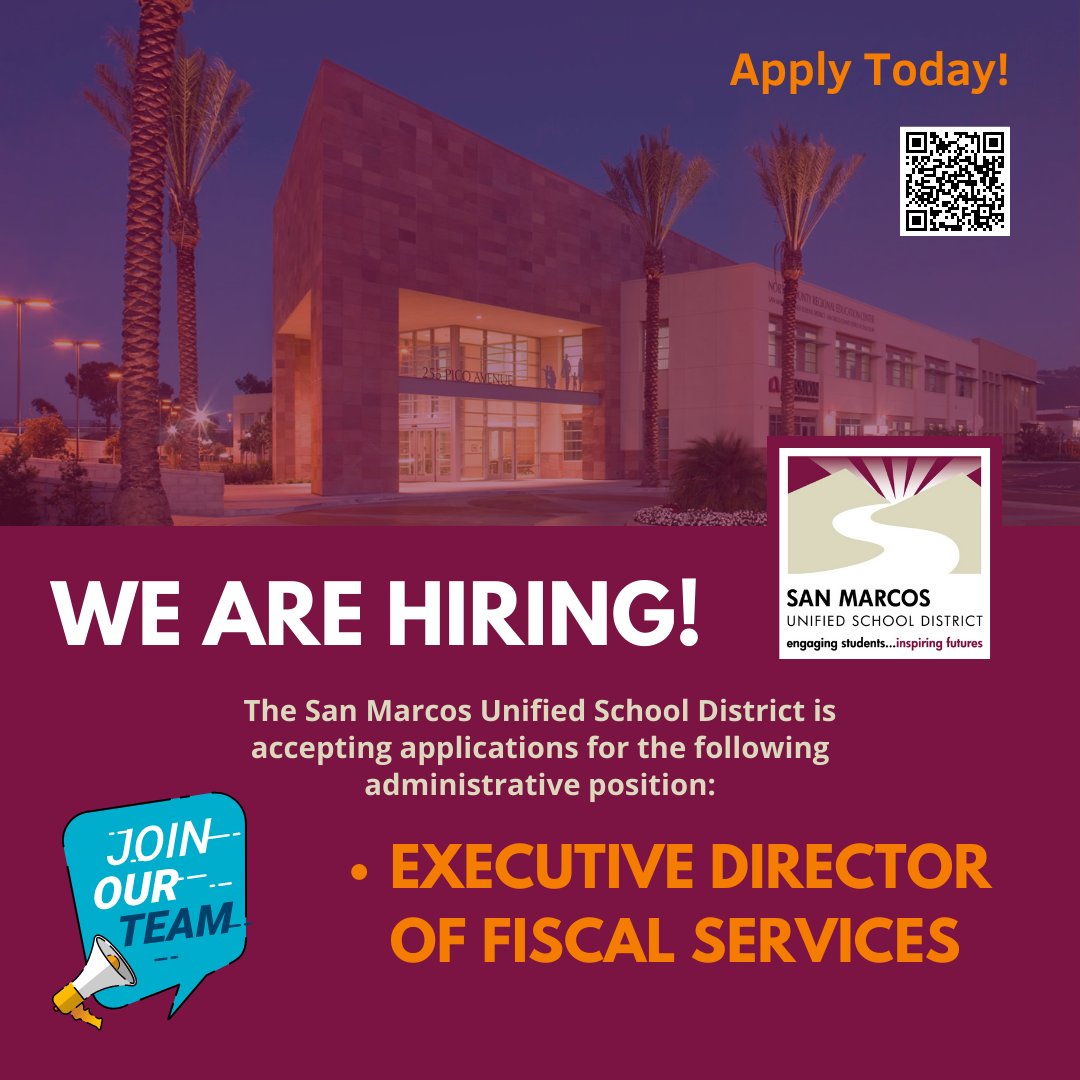 SMUSD is #NowHiring for an Executive Director of Fiscal Services to join our stellar team!
If you or someone you know may be a great fit, click here for details and how to apply: edjoin.org/Home/DistrictJ…
