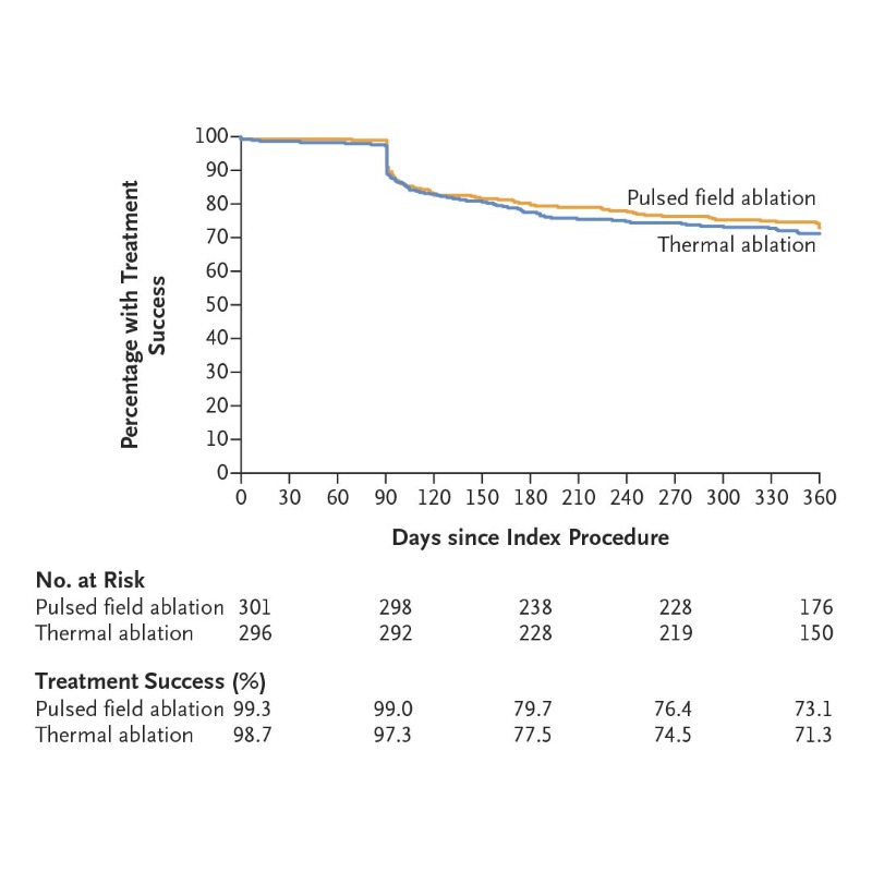 NEJM's tweet photo. Late breaking at #ESCCongress:

In a randomized trial involving patients with paroxysmal atrial fibrillation, pulsed field ablation was noninferior to thermal ablation with respect to freedom from a composite of procedural and arrhythmia events at 1 year.

Full trial results:
