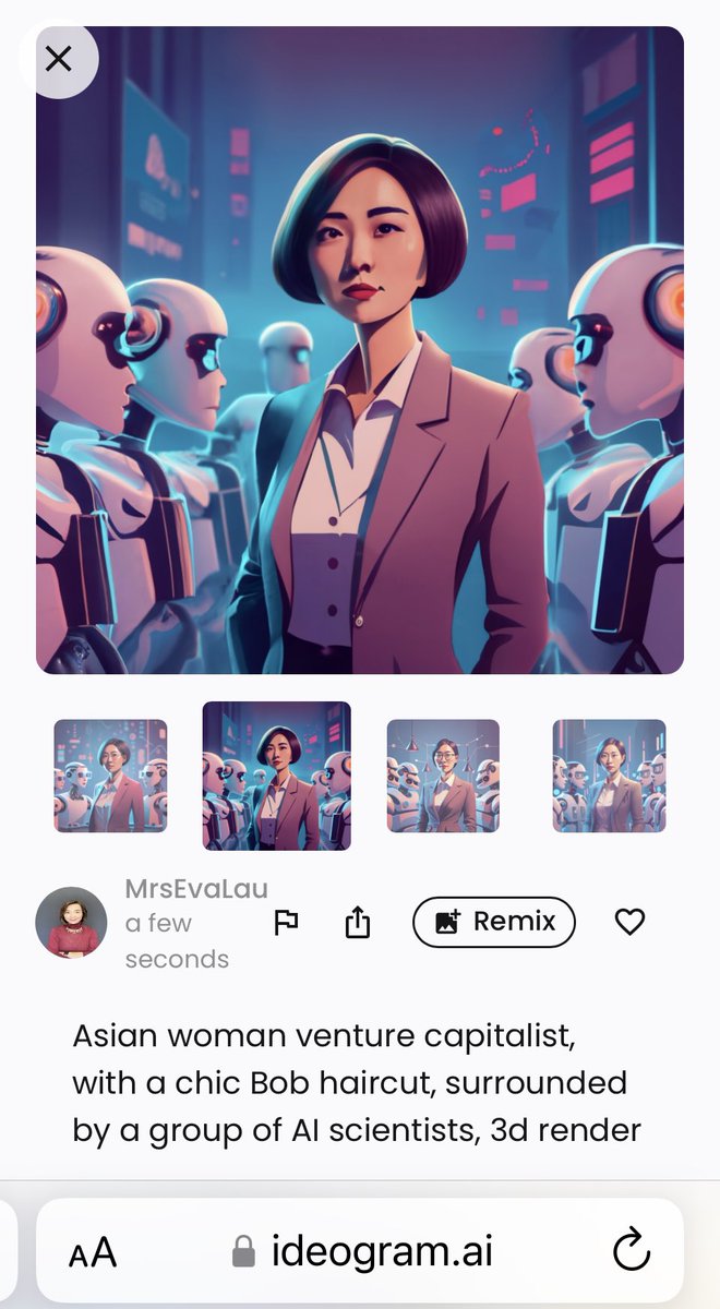 Apparently, this is what <a href="/ideogram_ai/">Ideogram</a> thinks about me!

Prompt: Asian woman venture capitalist, with a chic Bob haircut, surrounded by a group of AI scientists, 3d render

ideogram.ai/g/0q_bDgWkSE2A…

#startups #canada #toronto #GenerativeAI