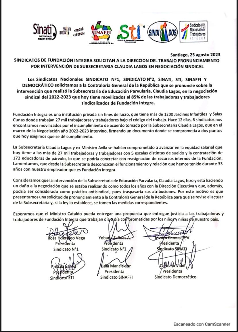 Comunicado de los Sindicatos de <a href="/F_integra/">Fundación Integra Chile</a> dónde se solicito pronunciamiento a la Dirección del Trabajo . Seguimos con el paro indefinido <a href="/24HorasTVN/">24 Horas</a> <a href="/CNNChile/">CNN Chile</a> <a href="/T13/">T13</a> <a href="/Cooperativa/">Cooperativa</a> <a href="/nico_cataldo/">Nicolás Cataldo 🌳🧔🏻‍♂️</a> <a href="/SubEducParv/">Subsecretaría de Educación Parvularia 🧒🏽👶🏽👩🏽</a> #educacion #ParoNacionalYa