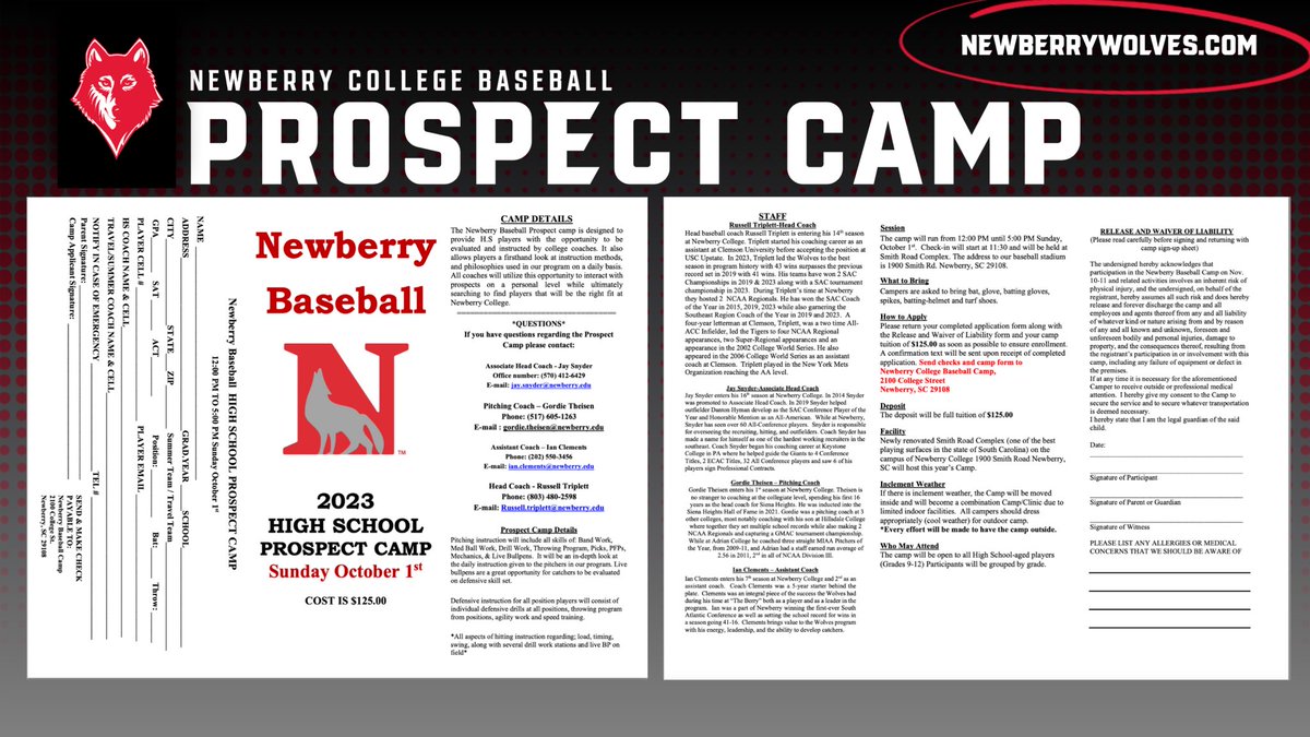 Save the Date. Oct1 we will be having our Fall Prospect Camp. It can be found at our website newberrywolves.com/documents/2023…