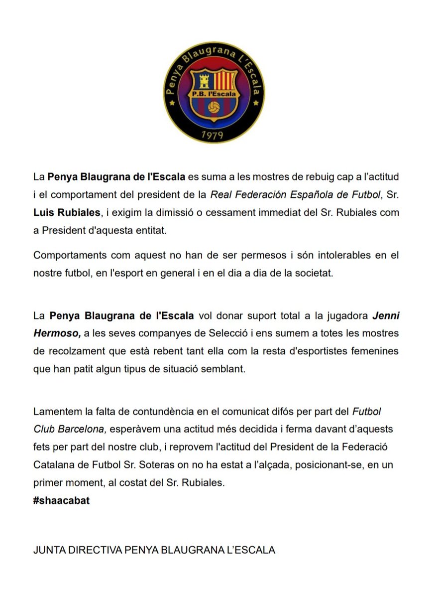 PB_LEscala's tweet photo. 🚨 COMUNICAT OFICIAL DE LA PENYA BLAUGRANA L'ESCALA 🚨
#lEscala #Penyes #FCB @ConfePenyesFCB @FCBPenyes @FCBarcelona_cat @rfef https://t.co/PWJOM7wYSA