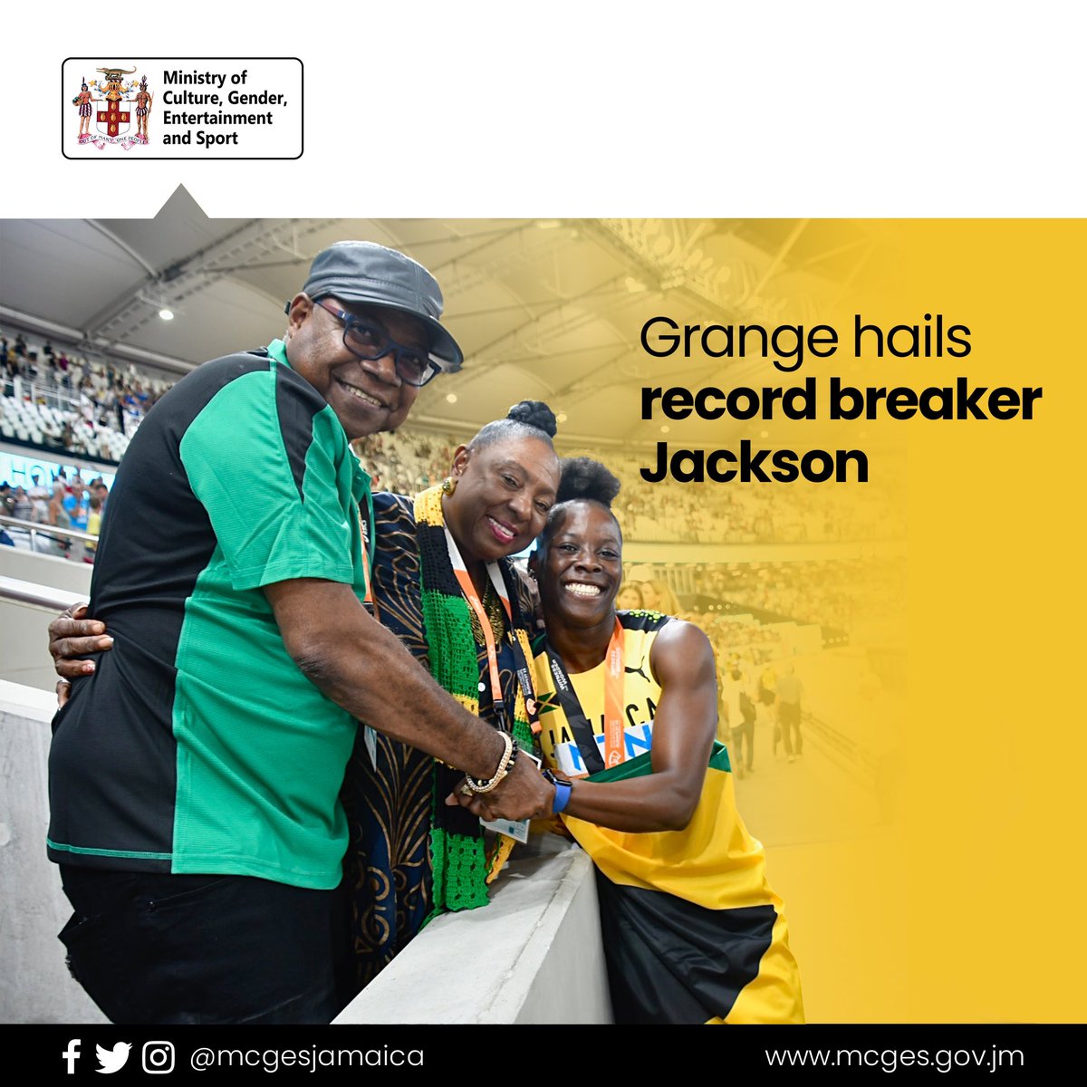 MCGESJamaica's tweet photo. The Minister of Culture, Gender, Entertainment and Sport, the Honourable Olivia Grange, has congratulated the “exceptional, record-breaking” Shericka Jackson @sherickajacko.
Read more: https://t.co/Ti0RAICasp
#WorldAthleticsChamps #Jamaica #ProudAndStrong https://t.co/JqKCLqQEux