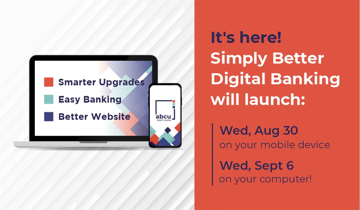 Get ready for ✅Smarter ✅Easier ✅Better online banking.

Because our new website and app is on the horizon!

(Members will lose saved login information. Please re-enter and save as usual.)

More details are here: abcu.ca/Personal/About…

#DigitalBanking #DigitalGlowUp