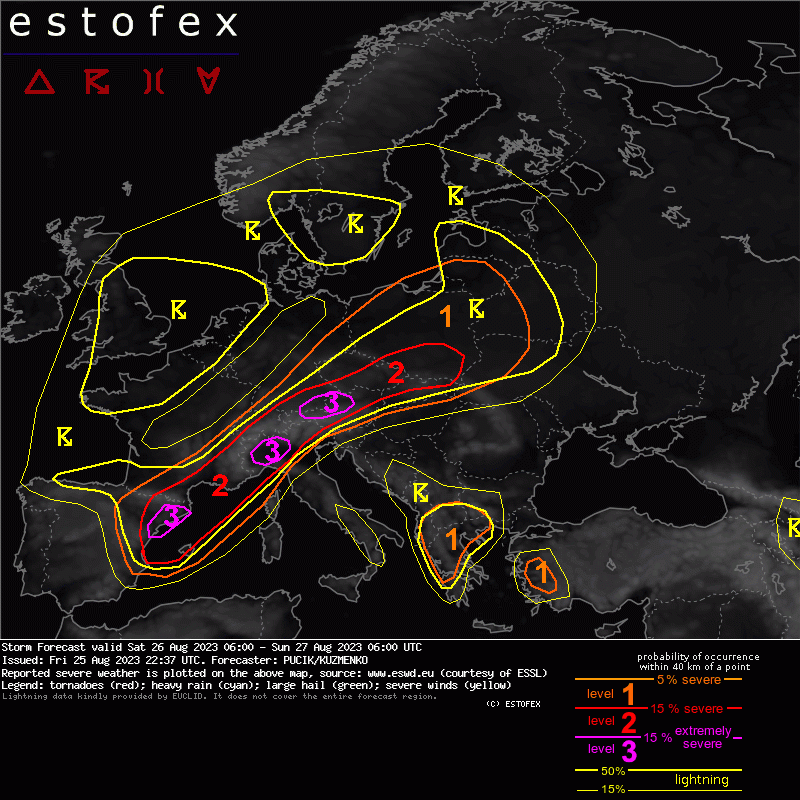 A triple Lvl 3 for Saturday! Severe storms are expected in a large belt from E Spain through N Italy, S Germany, Czechia into Poland. Lvl 3 areas highlight the regions with the highest threat of extremely severe storms. Read more here: estofex.org/cgi-bin/polygo…