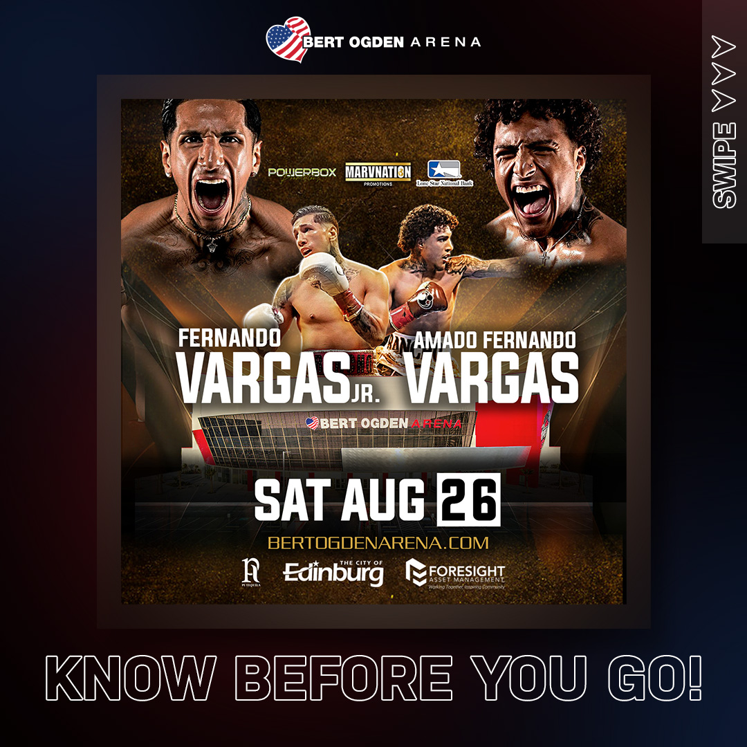 BertOgdenArena_'s tweet image. Know Before You Go: Vargas Dynasty-Premiere Boxing‼

🚨Expect traffic delays: Make sure to arrive early, or carpool, to avoid traffic.

Match tickets are still available!
🎟 Link in Bio
🎟 Box Office: 10am-6pm

🔺Please check out our clear bag policy 🔺
#BertOgdenArena #powerbox