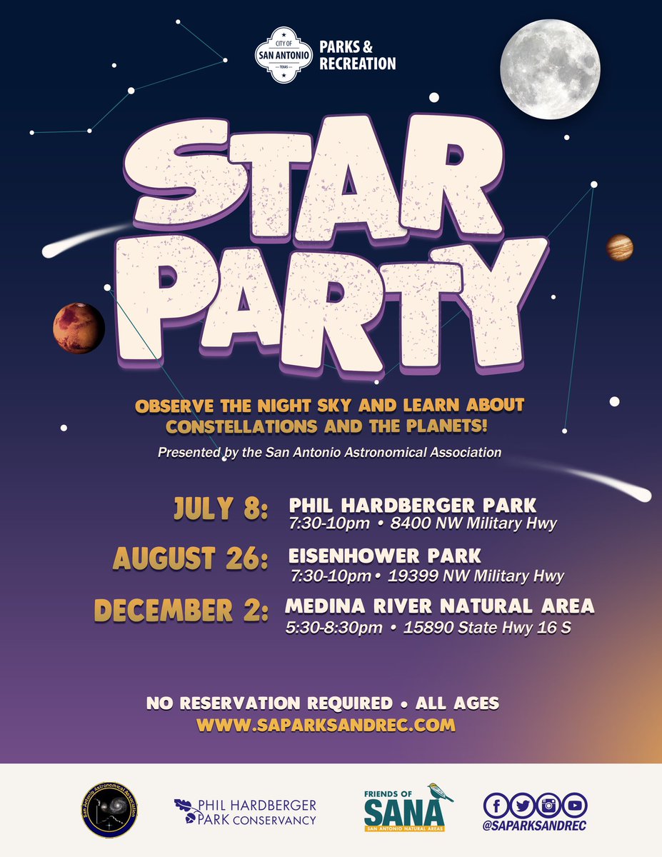 SAParksandRec's tweet photo. Happy Friday, San Antonio! π
We have an exciting weekend planned, here are #3ThingsToTry π€
2οΈβ£ #StarParty π« - Observe the night sky and learn about constellations and the planets! πͺ
ποΈ Aug 26 - Eisenhower Park
β° 7:30-10pm | ποΈ FREE
π No reservation required
#SAParksAndRec https://t.co/3Ccgyc49sR