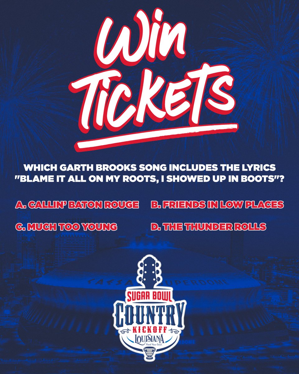 🔥TRIVIA CONTEST ALERT!

Want tickets to the #SugarBowl Country Kickoff ft. <a href="/garthbrooks/">Garth Brooks</a>, <a href="/laineywilson/">Lainey Wilson</a> &amp; <a href="/GrittyDirt/">NittyGrittyDirtBand</a>? 

1️⃣Like this post
2️⃣Follow <a href="/CountryKickoff/">Sugar Bowl Country Kickoff</a>
3️⃣Reply with your answer to the question below
4️⃣Tag 2 pals to join in! 

Answer by 8/27! 13+. Good luck!