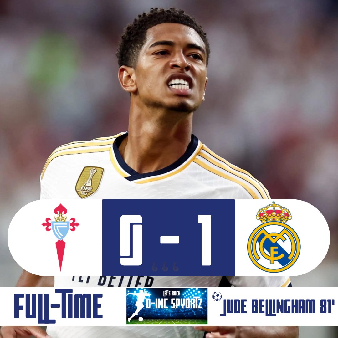 Full time in Celta Vigo: Real Madrid seals a 1-0 victory against Celta Vigo, thanks to a brilliant goal by Jude Bellingham. ⚽️🔥 #RealMadrid #LaLiga #FootballVictory #BellinghamGoal #WinningStreak