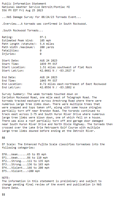 Confirmed EF-1 tornado in South Rockwood with maximum winds of 105 mph and a path length of 5.4 miles.