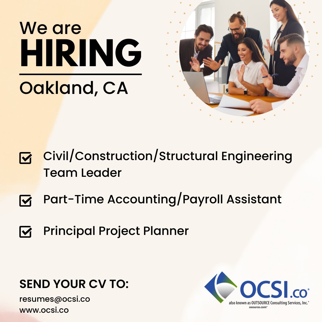 We are looking for skilled and enthusiastic professionals to join our dynamic team in Oakland, CA. ocsi.co/job-seekers/

#OCSIcoJobs #OaklandJobs #RailJobs #jobsinrail #civilengineerjobs #projectplanner #projectscheduler #accountingjobs #payrolljobs #BayareaJobs #hiring #jobs