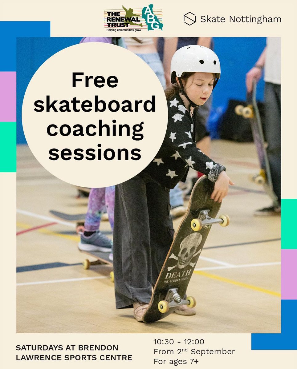 From next Saturday 2nd September we'll be back at Brendon Lawrence Sports Centre 10.30am-12pm for our free weekly term-time #skateboard coaching alongside Edu-Skate lifeskills with <a href="/ConcreteJungleF/">Concrete Jungle Foundation</a>
Thanks hugely to @RenewalTrust for funding via the Area-Based Grant.