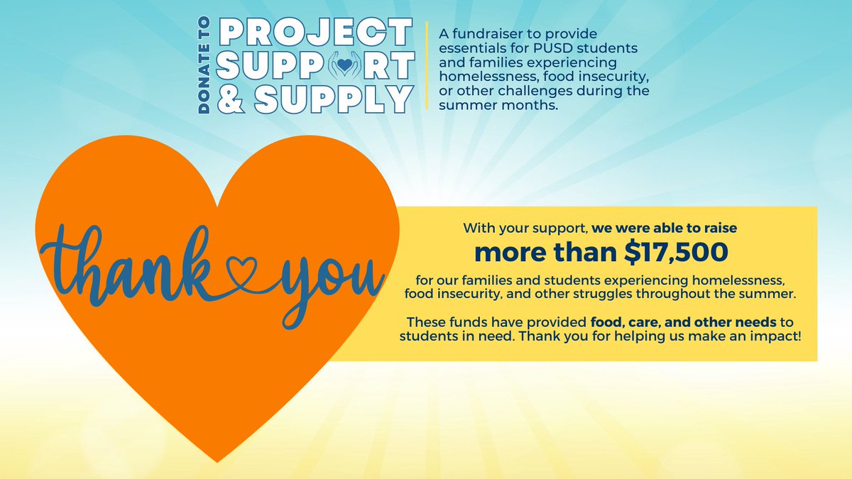 This summer, we asked for help raising funds for #PowayUnified students/families experiencing homelessness, food insecurity, and other challenges. Thanks to our community, Project Support &amp; Supply raised more than $17,500 for these families! Thank you to everyone who donated 💙✨