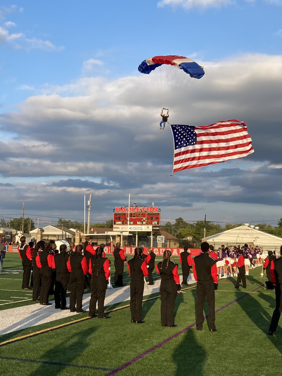 At Harman-Geist Stadium for tonight’s hs football opener between Pittston Area andHazleton Area. The American flag, game ball and coin for the coin toss were parachuted in.