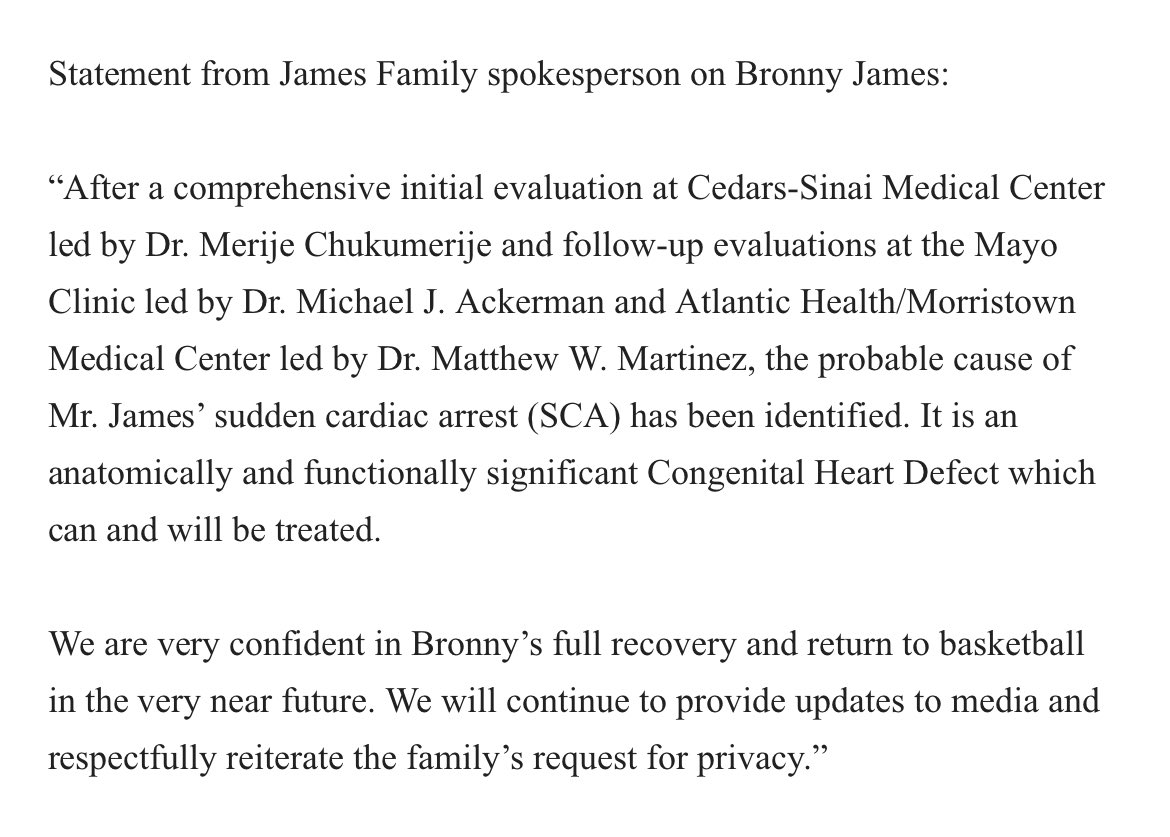 jeffborzello's tweet photo. The “probable cause” of Bronny James’ sudden cardiac arrest was an “anatomically and functionally significant Congenital Heart Defect,” per a James Family spokesperson. They remain confident Bronny can return to basketball in the “very near future.”

Full statement: https://t.co/RXdFouyZam