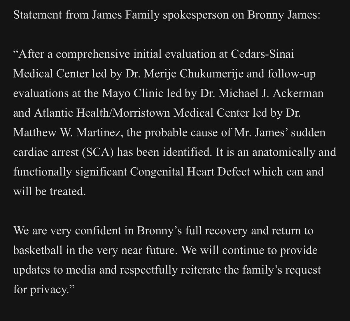 A Lebron James family spokesperson says the cause of Bronny James’ cardiac arrest is “an anatomically and functionally significant Congenital Heart Defect which can and will be treated.”