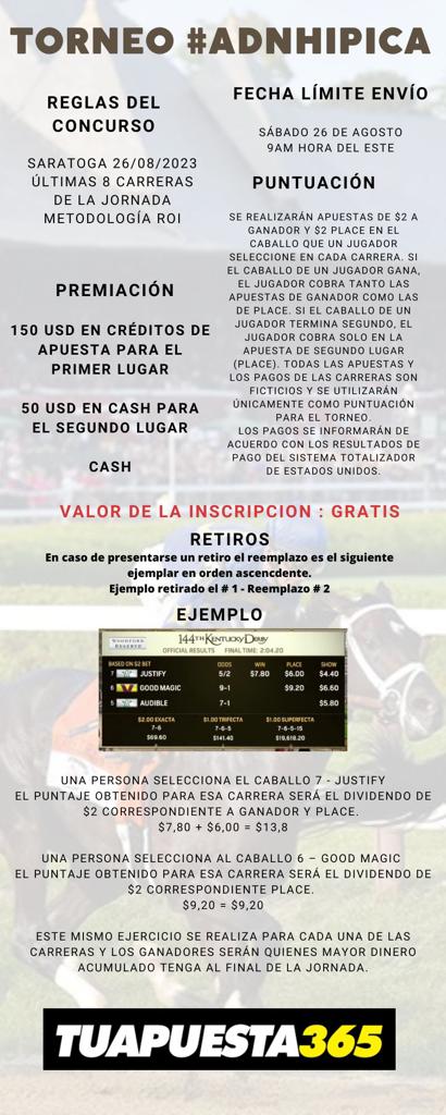 Torneo ROI Sàbado 26/08/2023
1) Pronosticar desde la 6ta hasta la 13ra carrera de Saratoga
2) Premio: $150 en créditos al ganador y $50 cash al segundo.
3) Solo se tomaràn los pronósticos que se realicen debajo de este post y se reciben hasta las 10:00 ET
Solo cuentas Públicas